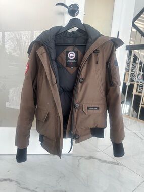 Canada Goose Brown Jacket with Black Label and Red Logo Patch